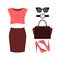 Set of trendy women\'s clothes with red skirt, top and accessorie