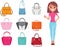 Set of trendy womens bags. Cute business lady in business dress style, wardrobe selection concept