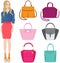 Set of trendy womens bags. Cute business lady in business dress style, wardrobe selection concept