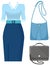 Set of trendy womens clothes. Outfit of woman jacket, blouse, skirt and accessories handbags