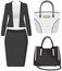 Set of trendy womens clothes. Outfit of woman jacket, blouse, skirt and accessories handbags