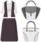 Set of trendy womens clothes. Outfit of woman jacket, blouse, skirt and accessories handbags