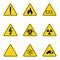 Set of triangle warning signs. Warning roadsign icon. Danger-warning-attention sign. Yellow background