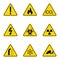 Set of triangle warning signs. Warning roadsign icon. Danger-warning-attention sign. Yellow background