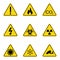 Set of triangle warning signs. Warning roadsign icon. Danger-warning-attention sign. Yellow background