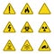 Set of triangle warning signs. Warning roadsign icon. Danger-warning-attention sign. Yellow background