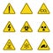 Set of triangle warning signs. Warning roadsign icon. Danger-warning-attention sign. Yellow background