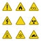 Set of triangle warning signs. Warning roadsign icon. Danger-warning-attention sign. Yellow background