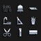 Set Triangular ruler, Ruler, Chalkboard, Pencil case stationery, Scissors, Microscope, Eraser rubber and Paper clip icon