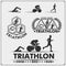 Set of triathlon labels, emblems badges and design elements. Swimming, cycling and running.