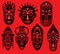 Set of Tribal African Masks on red background