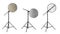 Set of tripods with different reflectors on white background. Professional photographer`s equipment