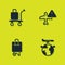 Set Trolley baggage, Globe with flying plane, Suitcase and Warning aircraft icon. Vector