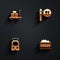 Set Trolley suitcase, Cafe and restaurant location, Train railway and Coal train wagon icon with long shadow. Vector