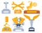 Set trophies, gold and silver cups, winner racing championship, design cartoon style vector illustration, isolated on