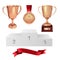 A set of trophies of the winner. Third place. Bronze cups, gold medal, red ribbon and pjadestal. Isolated on white background. Vec