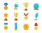 Set trophy winner award collection isolated on white background. Hanging medals, glass awards, gold cups in flat style