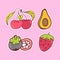 Set of tropical fruit icon on pink background. cherry, avocado, mangosteen and strawberry illustration. hand drawn vector. doodle