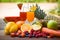 Set of tropical fruits colorful fresh summer juice glass healthy foods / Many ripe fruit mixed on nature background