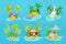 Set tropical islands in ocean with palm, bungalow, volcano, waterfall.