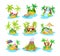 Set tropical islands in ocean with palm, bungalow, volcano, waterfall