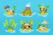 Set tropical islands in ocean with palm, bungalow, volcano, waterfall