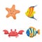 Set of tropical sea and ocean animals. Starfish, crab and different color tropic fishes.