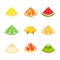 Set of tropical triangular lobule fruits in paper cut style. Slice triangle citrus orange, tangerine, pineapple, lime