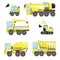 A set of trucks isolated on a white background for design, a flat vector stock illustration with a yellow excavator with a bucket