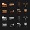 Set Trumpet, Musical tuning fork, Drum, Air headphones, Accordion, Banjo, Grand piano and Pan flute icon. Vector