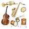 Set of trumpet, saxophone, contrabass musical instruments watercolor illustration isolated.