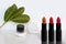 Set of tubes of lipstick stand on a white background with vibrant green leaves, lip gloss in a black jar on a stone, make-up, the