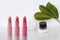 Set of tubes of lipstick stand on a white background with vibrant green leaves, lip gloss in a black jar on a stone, make-up, the