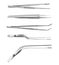 Set of tweezers. Long serrated angled tweezers, anatomical forceps, dental straight surgical pincers, curved tweezers