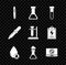 Set Tweezers, Test tube and flask chemical, Water drop, Bacteria on laptop, Pipette and stand icon. Vector