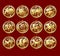 Set of twelve animals of the Chinese zodiac. Gold on a red background