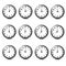 set of twelve clock. Vector illustration on white background.