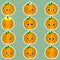 A set of twelve cute kawaii pumpkin stickers in white stroke. Vegetable symbols of various emotions and accessories in a cartoon