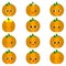 Set of twelve cute kawaii pumpkin vegetable characters different emotions and accessories in cartoon style. Vector illustration,