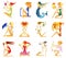 Set of twelve images of barefoot women in situations of astrological signs. Symbol of the astrological sign. Watercolor. Isolated