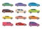 Set of twelve multicolored cars on a white background