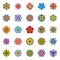 Set of twenty-five isolated symmetrical multicolored flowers consisting of geometric elements