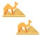 A set of two camels on the background of pyramids of giza.