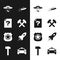 Set Two crossed hammers, Unknown document, UFO abducts cow, flying spaceship and alien, Police badge and Rocket with