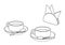 Set of two cups on saucers with teaspoons and a napkin holder with paper napkins. Linear illustration