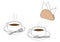 Set of two cups on saucers with teaspoons and a napkin holder with paper napkins. Linear illustration