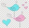 Set of two cut fabulous birds and hearts in pink and blue. Perfect to kids design cards, stickers, t-shirt prints and other things