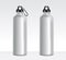 Set of two grey water bottle mockups, realistic metal aluminum beverage containers with or without fastening clip