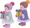 Set of two little girls wearing winter clothes with gift. Vector illustration girl with gift.
