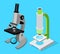 Set of two modern microscopes, medical scientific equipment for research, isolated isometric icons
